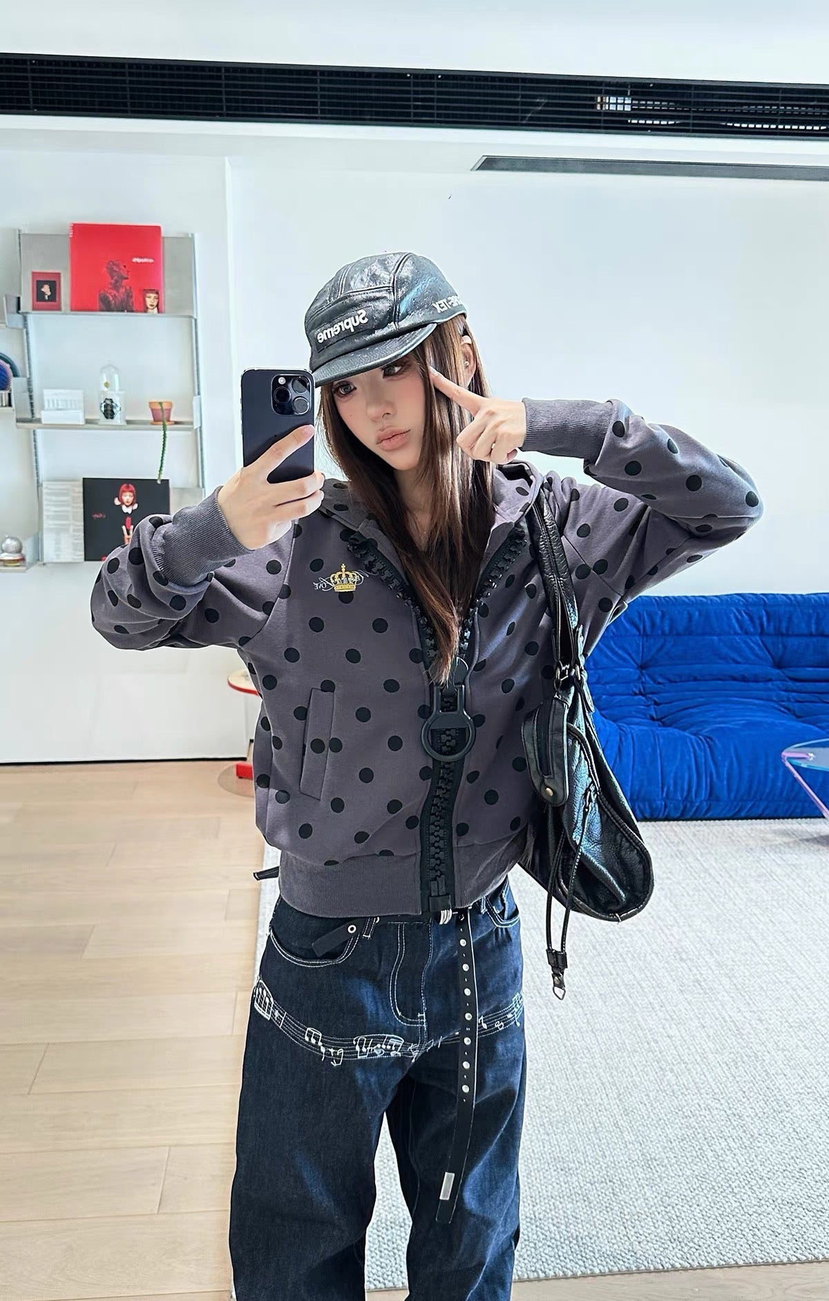 Oversized Zipper Polka Dot Hoodie