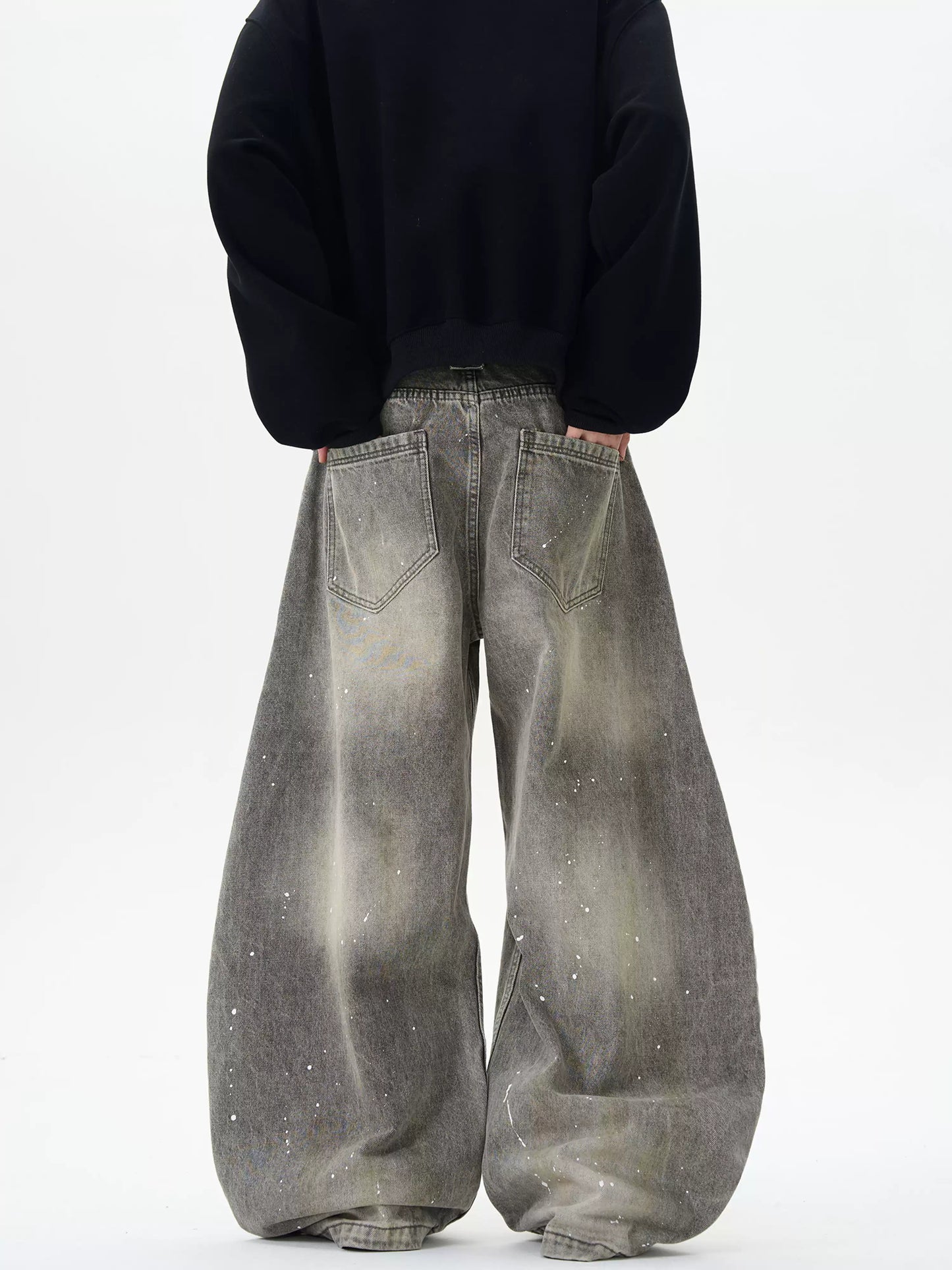 Washed Distressed Grey Ink-Splashed Scimitar Jeans