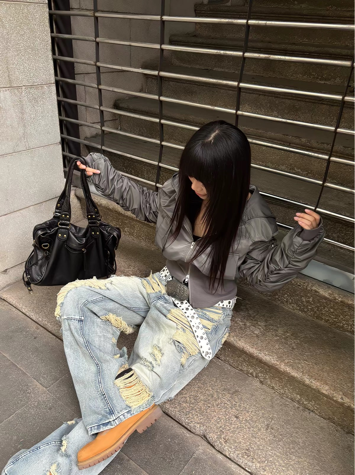 HABON Heavily Distressed Washed Wide-Leg Jeans