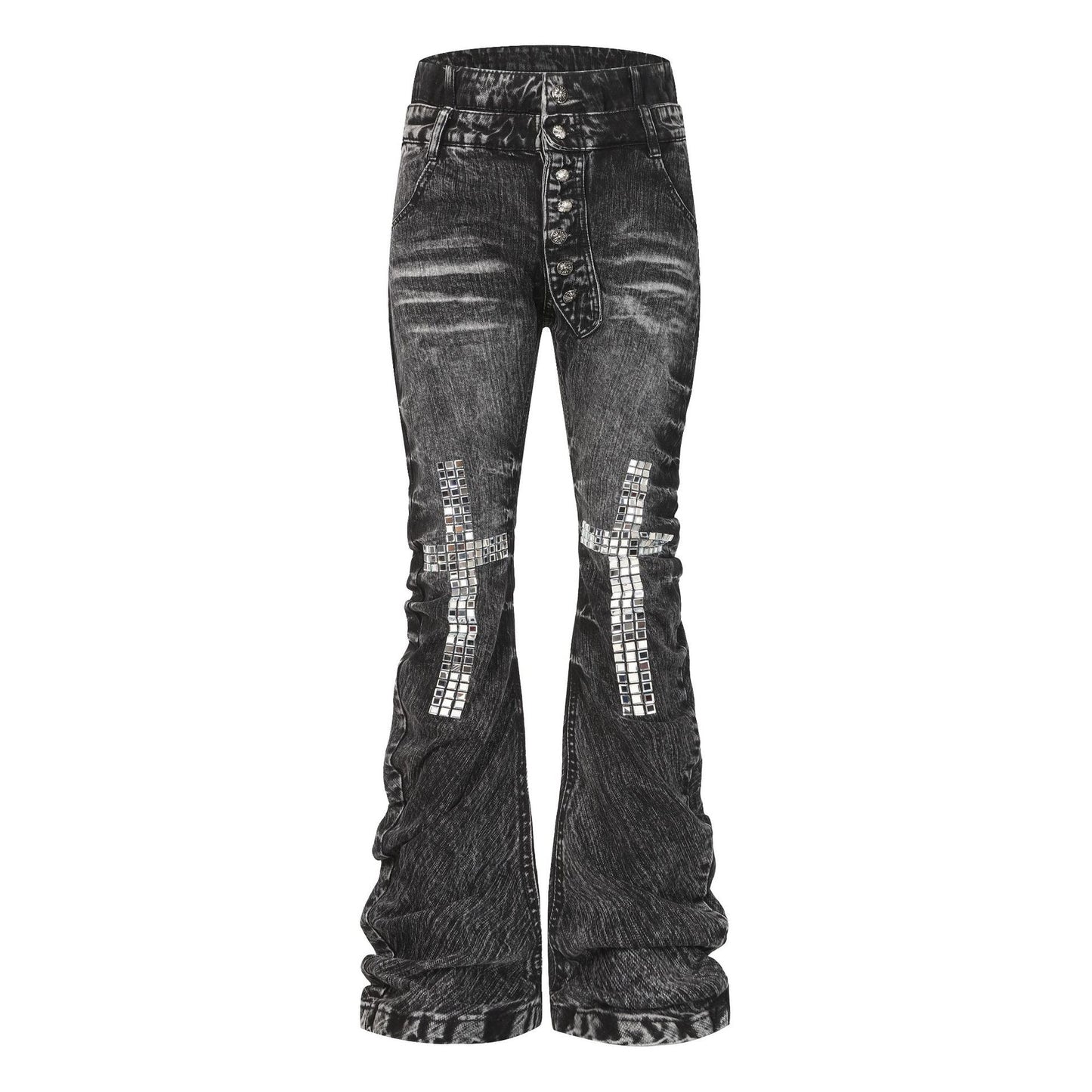 HABON Cross Rhinestone Double-Waist Slim Jeans