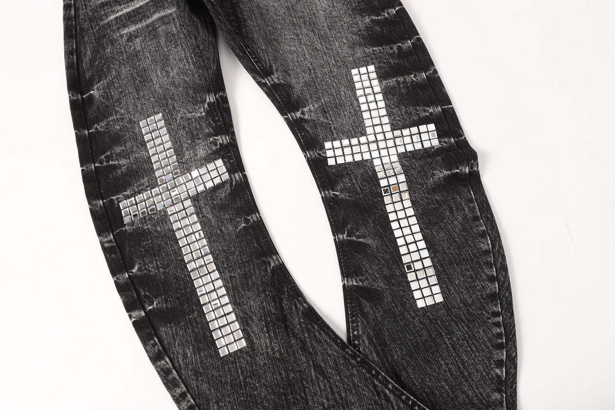 HABON Cross Rhinestone Double-Waist Slim Jeans