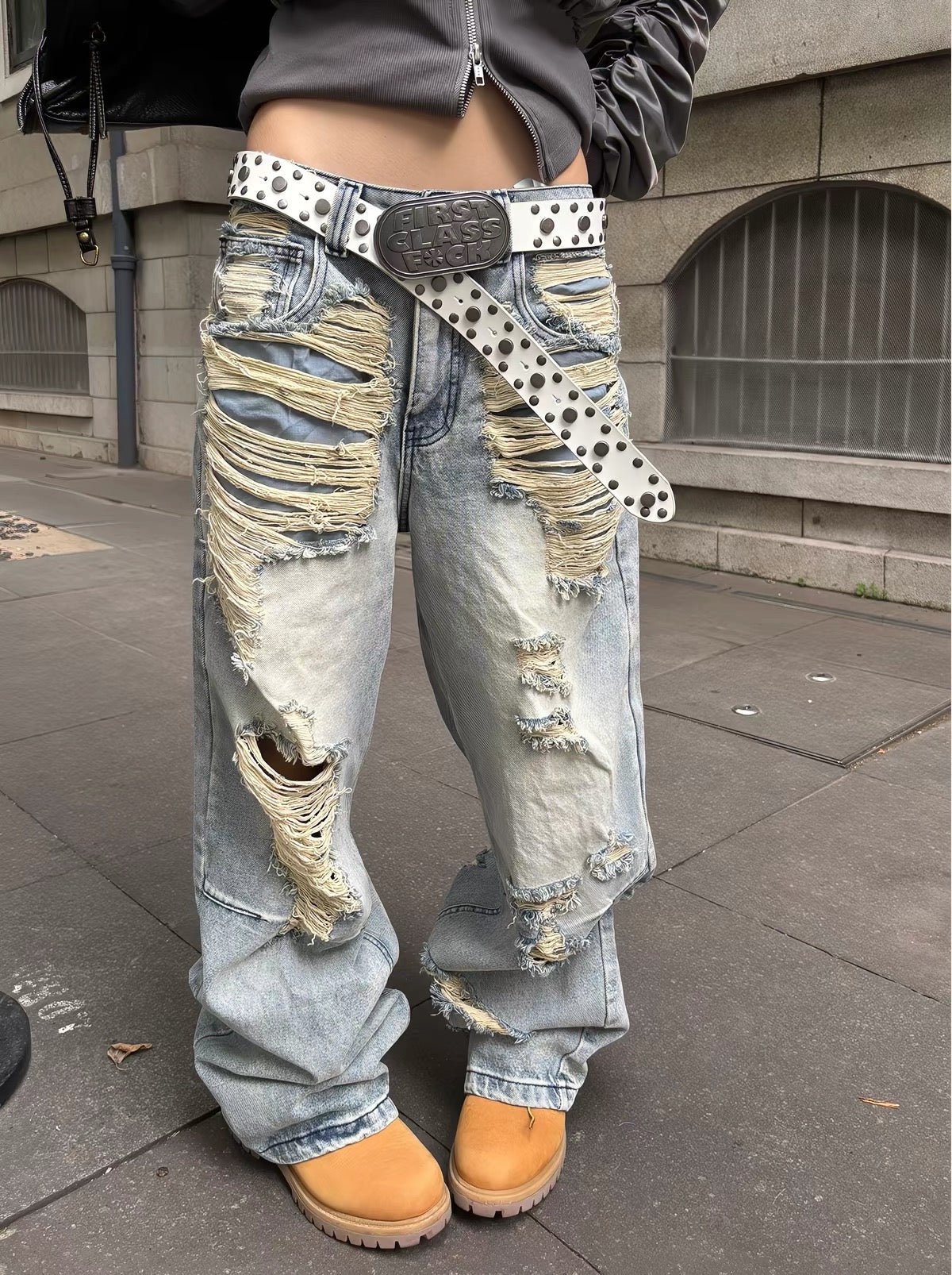 HABON Heavily Distressed Washed Wide-Leg Jeans