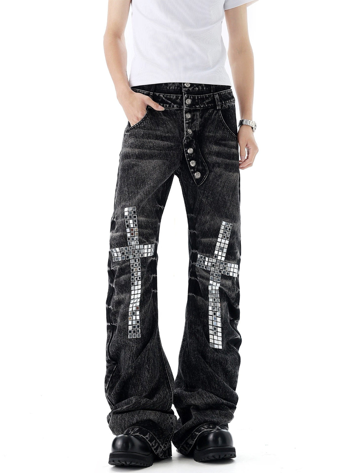 HABON Cross Rhinestone Double-Waist Slim Jeans