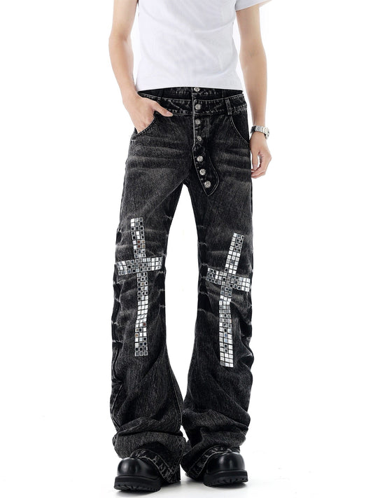 HABON Cross Rhinestone Double-Waist Slim Jeans