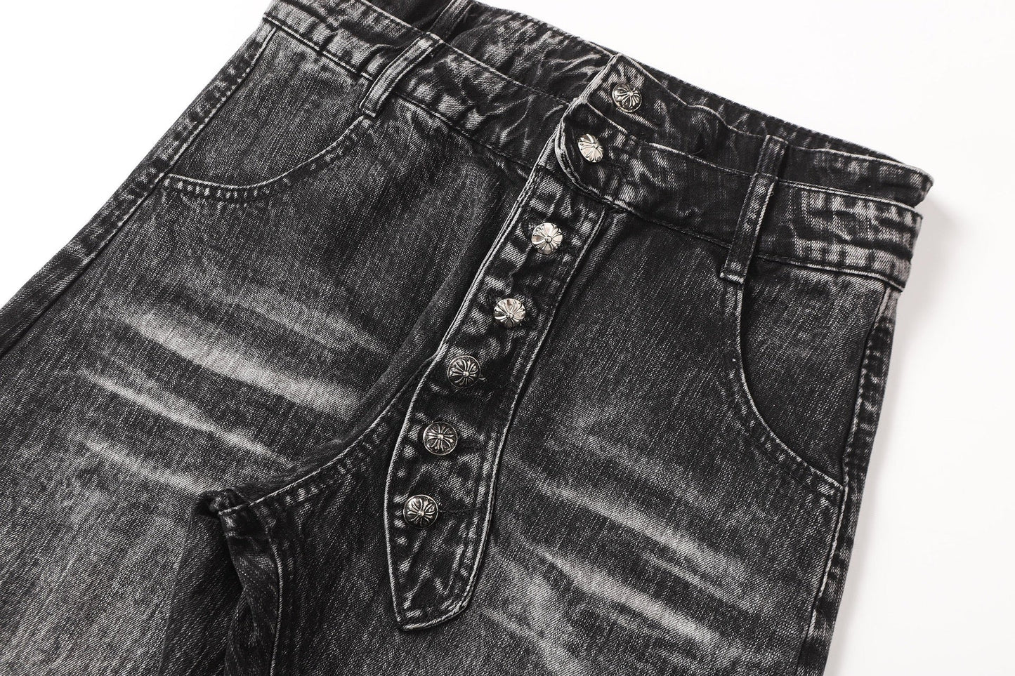 HABON Cross Rhinestone Double-Waist Slim Jeans