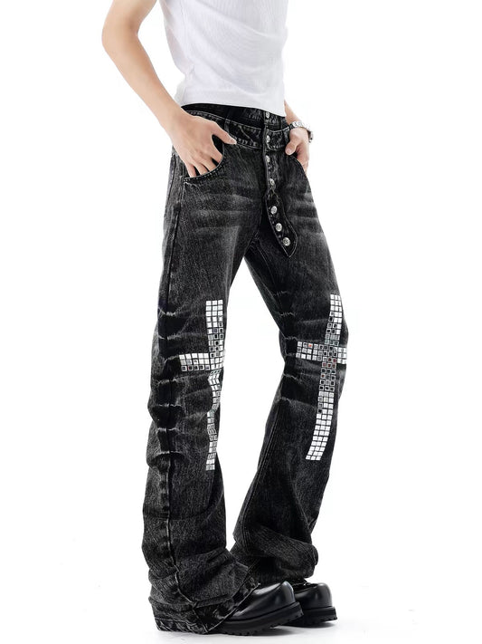 HABON Cross Rhinestone Double-Waist Slim Jeans