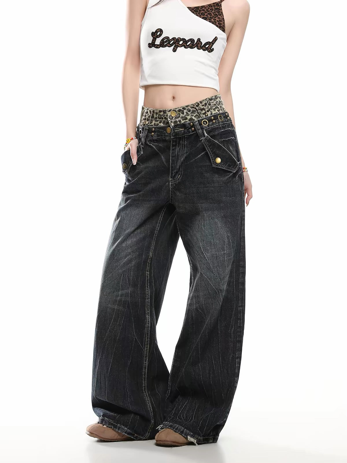 HABON Leopard Double-Waist Jeans