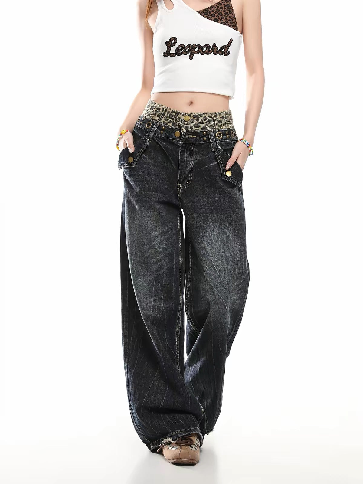 HABON Leopard Double-Waist Jeans