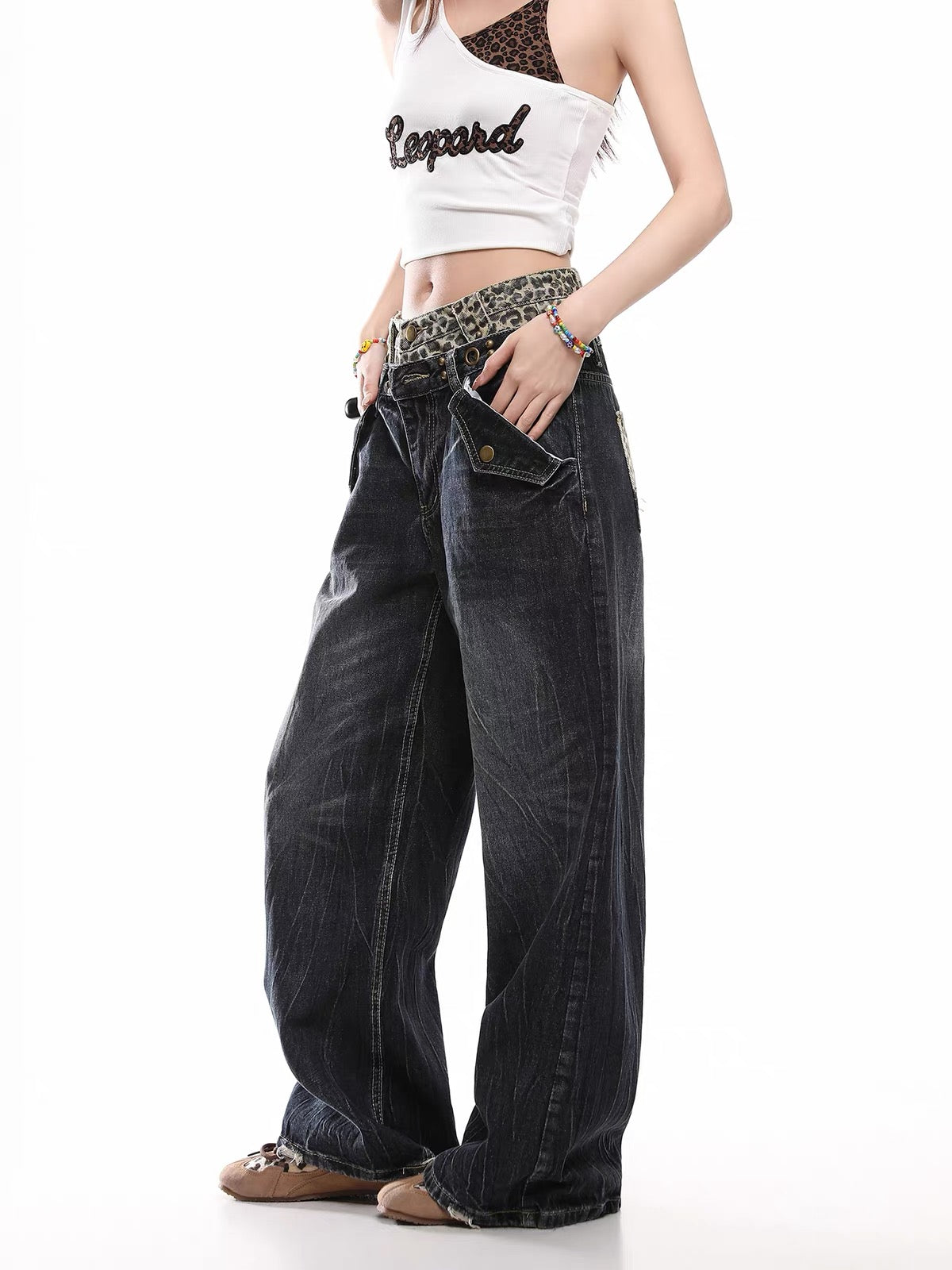 HABON Leopard Double-Waist Jeans