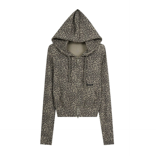 HABON Leopard Cropped Zip-Up Hoodie