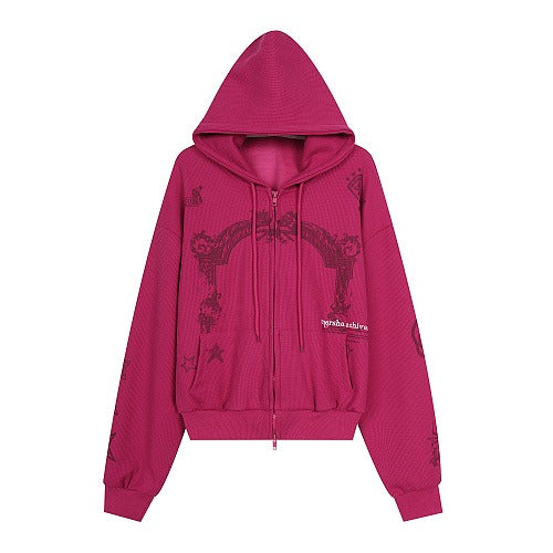 HABON Waffle Graphic Zip-Up Hoodie