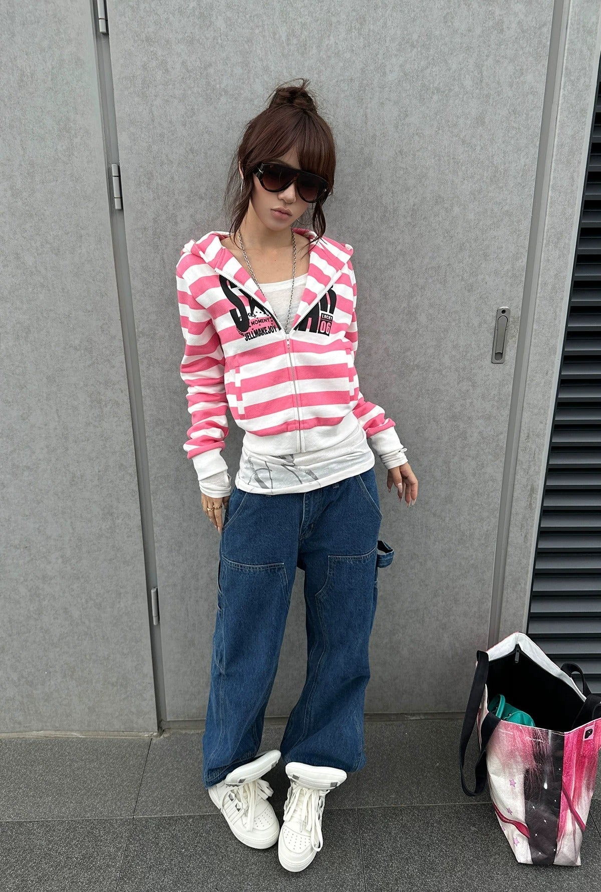 BAD UNNI Y2K Contrast Stripe Graphic Zip-Up Hoodie