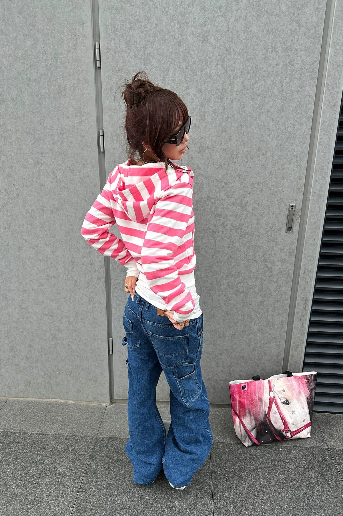 BAD UNNI Y2K Contrast Stripe Graphic Zip-Up Hoodie