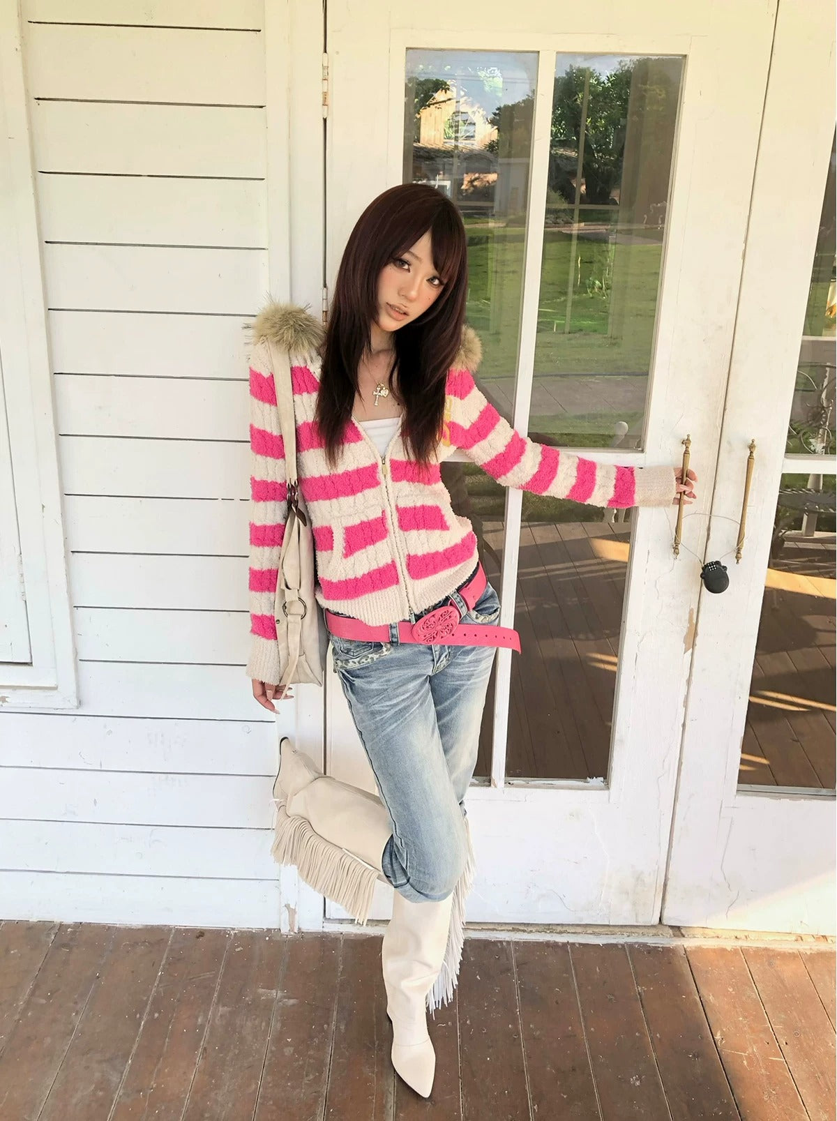Áo hoodie len phối màu có cổ lông
