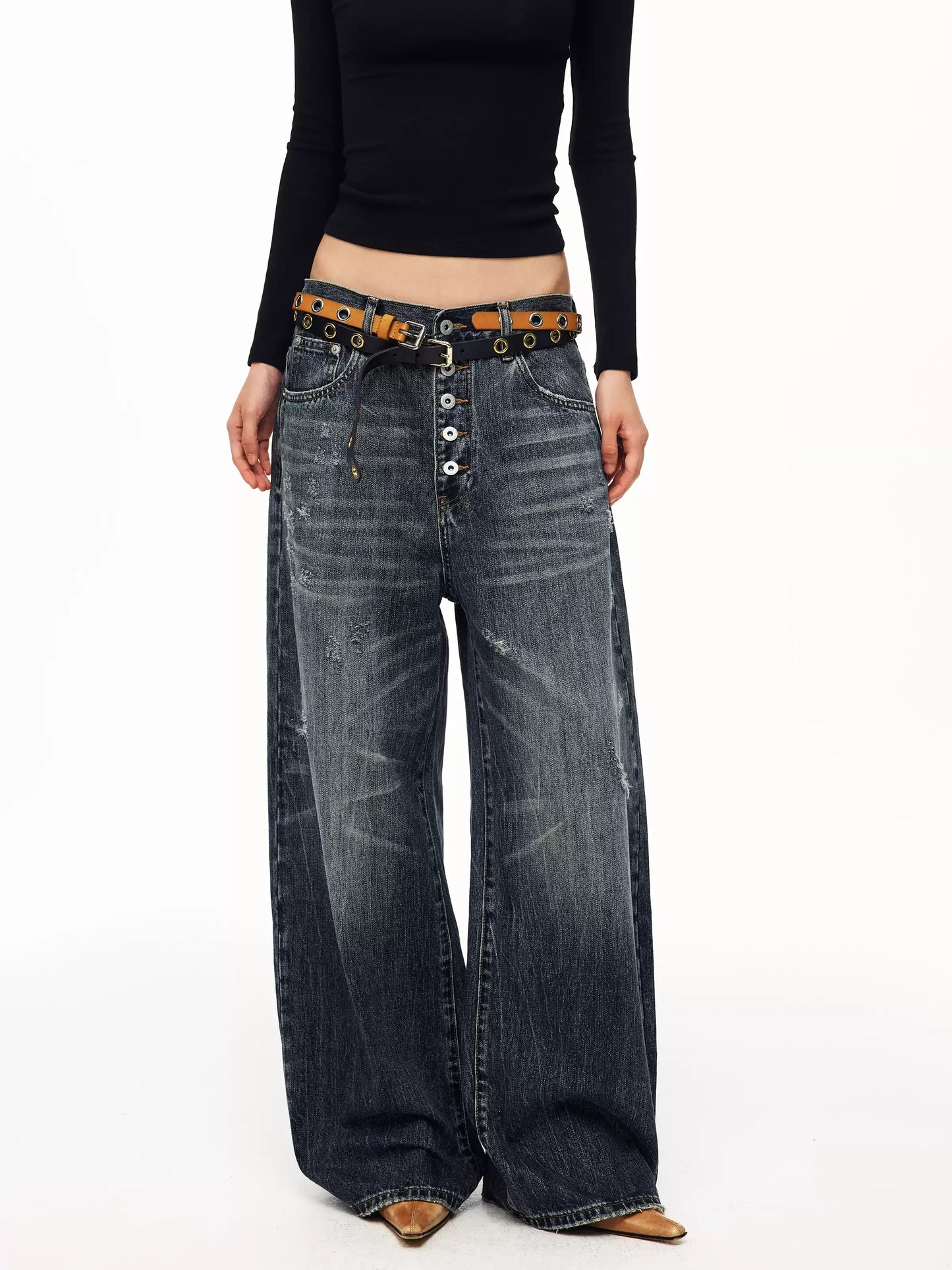 BAD UNNI Washed Button-Fly Wide-Leg Jeans