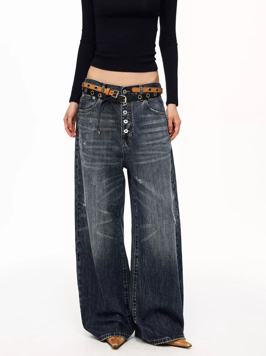HABON Washed Button-Fly Wide-Leg Jeans