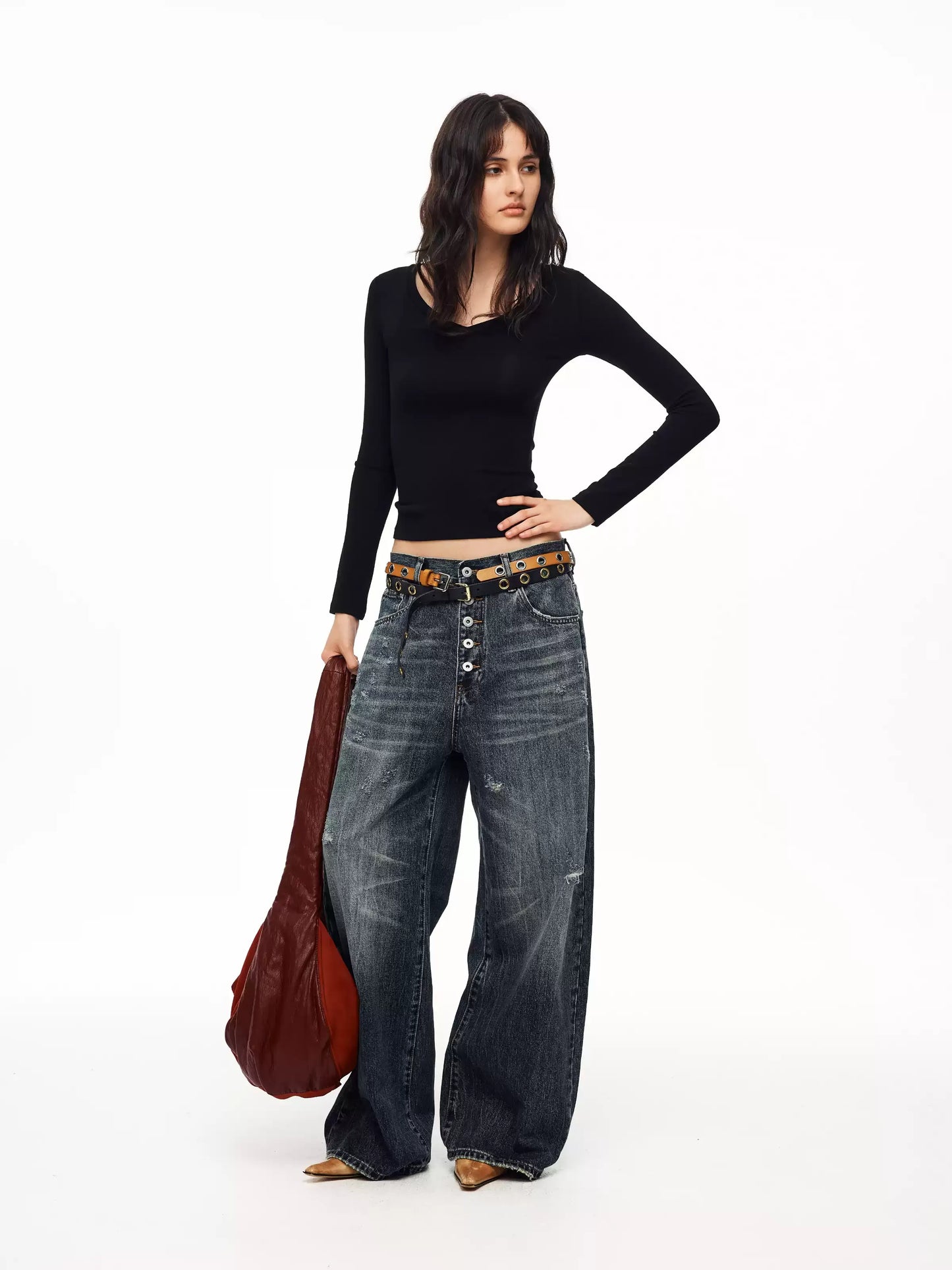 BAD UNNI Washed Button-Fly Wide-Leg Jeans