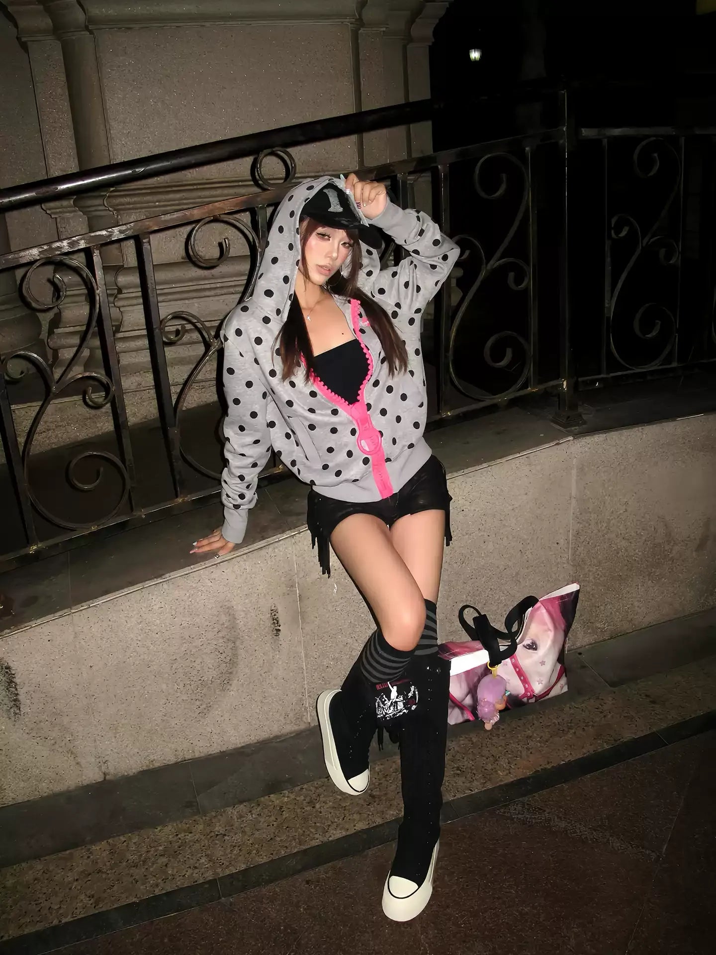 Oversized Zipper Polka Dot Hoodie