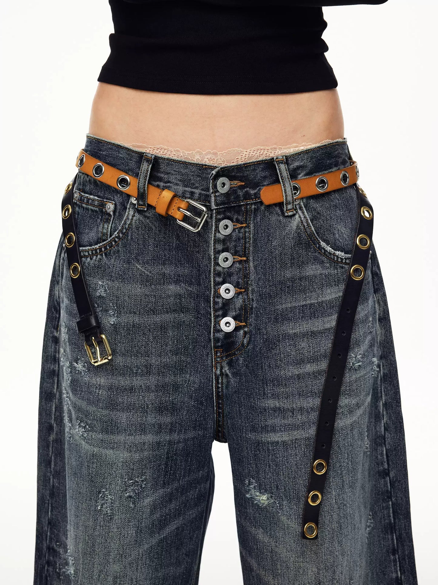 BAD UNNI Washed Button-Fly Wide-Leg Jeans