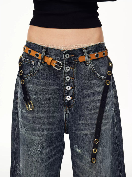 BAD UNNI Washed Button-Fly Wide-Leg Jeans