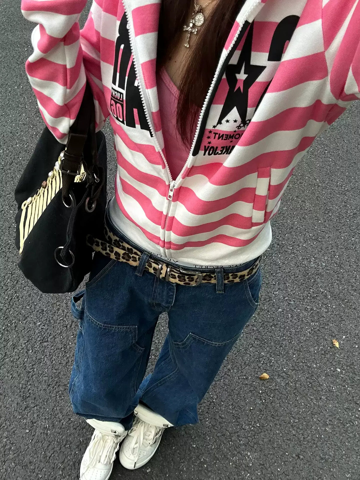 BAD UNNI Y2K Contrast Stripe Graphic Zip-Up Hoodie