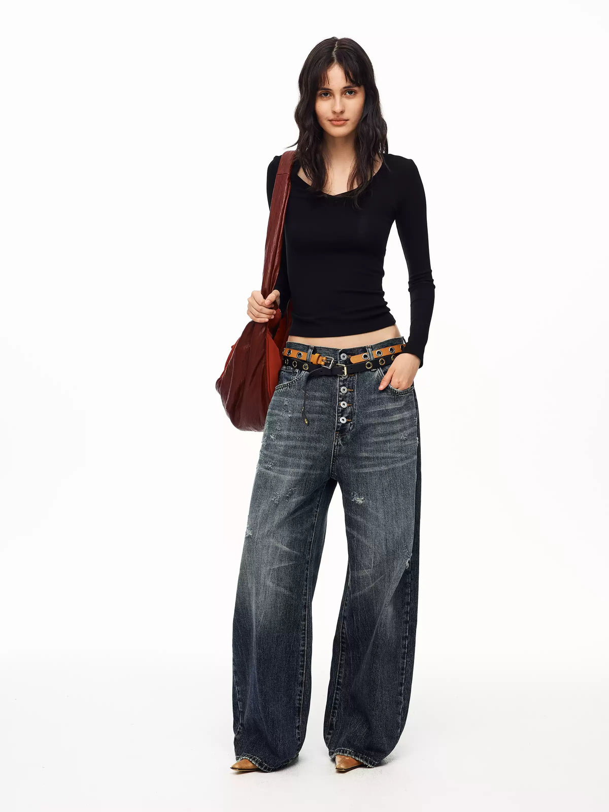 BAD UNNI Washed Button-Fly Wide-Leg Jeans