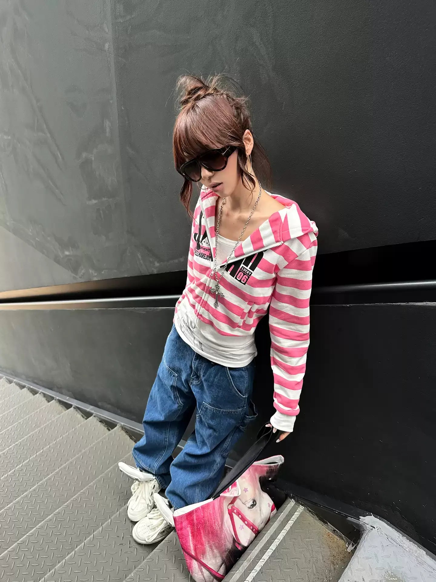 BAD UNNI Y2K Contrast Stripe Graphic Zip-Up Hoodie