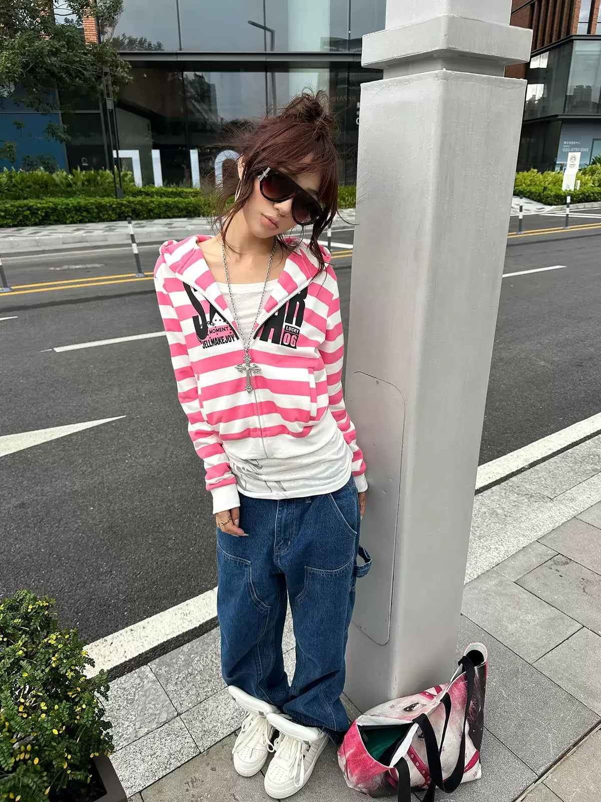 BAD UNNI Y2K Contrast Stripe Graphic Zip-Up Hoodie